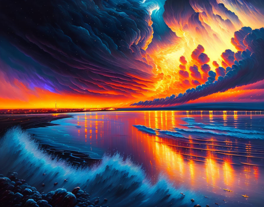 Digital Artwork: Dramatic Sunset with Fiery Clouds & Ocean Waves