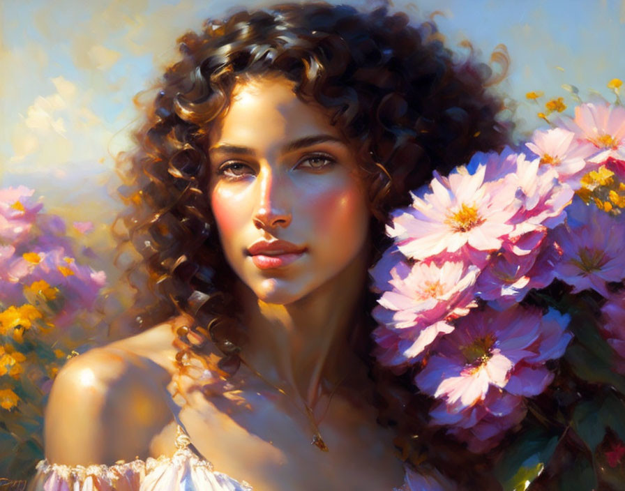 Young woman with curly hair portrait in sunlight with pink flowers.