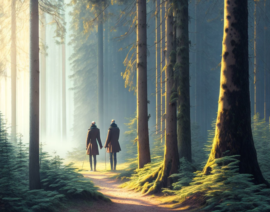 Two individuals walking on forest path with backpack and walking stick.