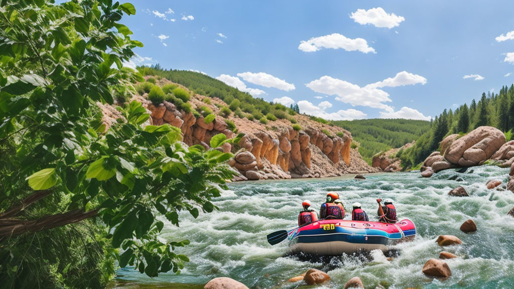 Adventurers white water rafting in rocky river surrounded by lush foliage