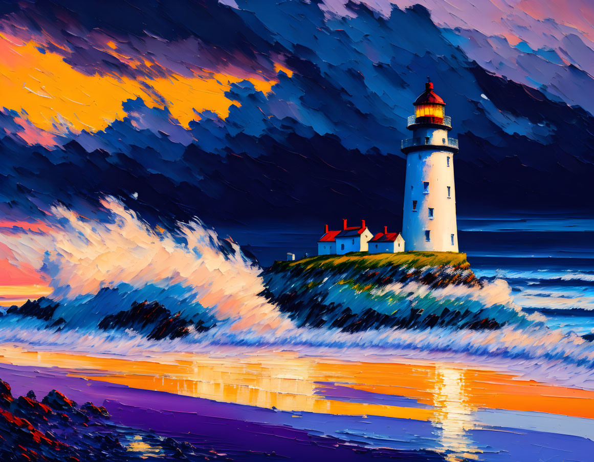 Lighthouse painting on rocky outcrop with crashing waves and sunset sky