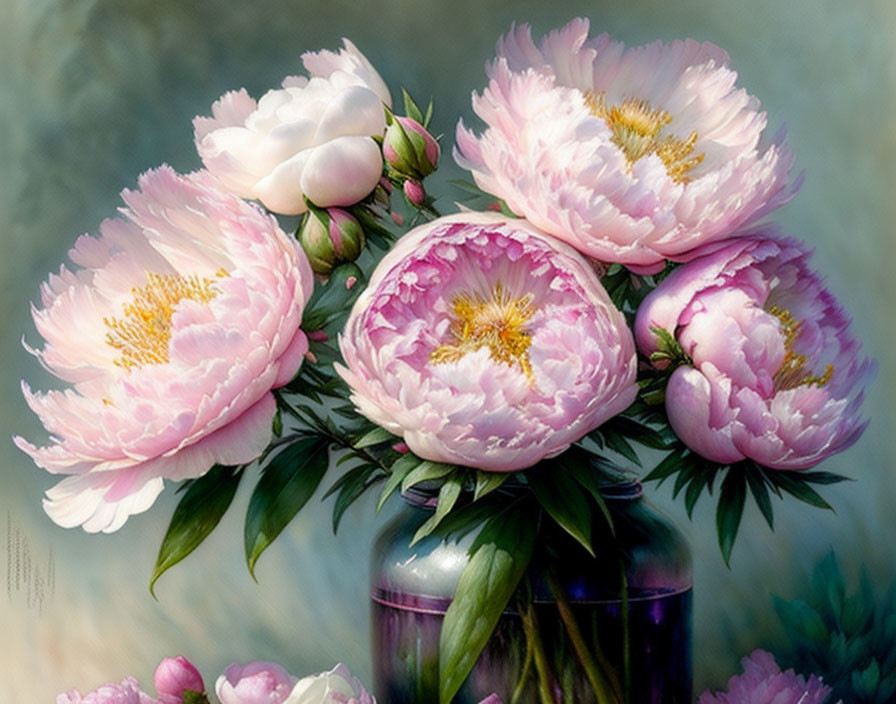 Pink Peonies Bouquet in Purple Glass Vase