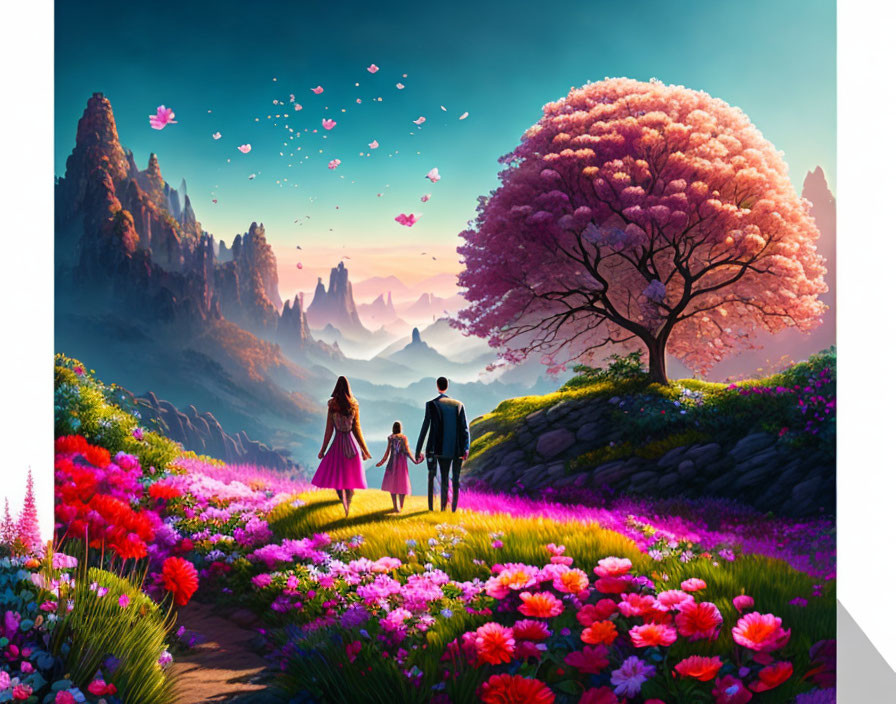 Family walking in vibrant flower landscape with pink tree and mountains