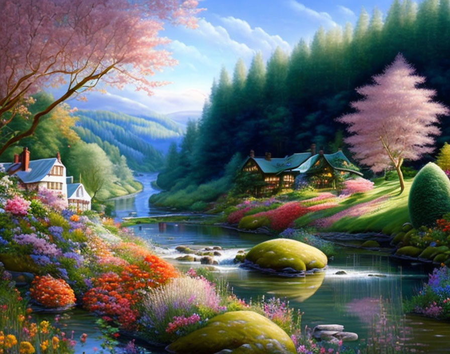 Colorful landscape painting with blossoming trees, serene river, cottages, and green hills.