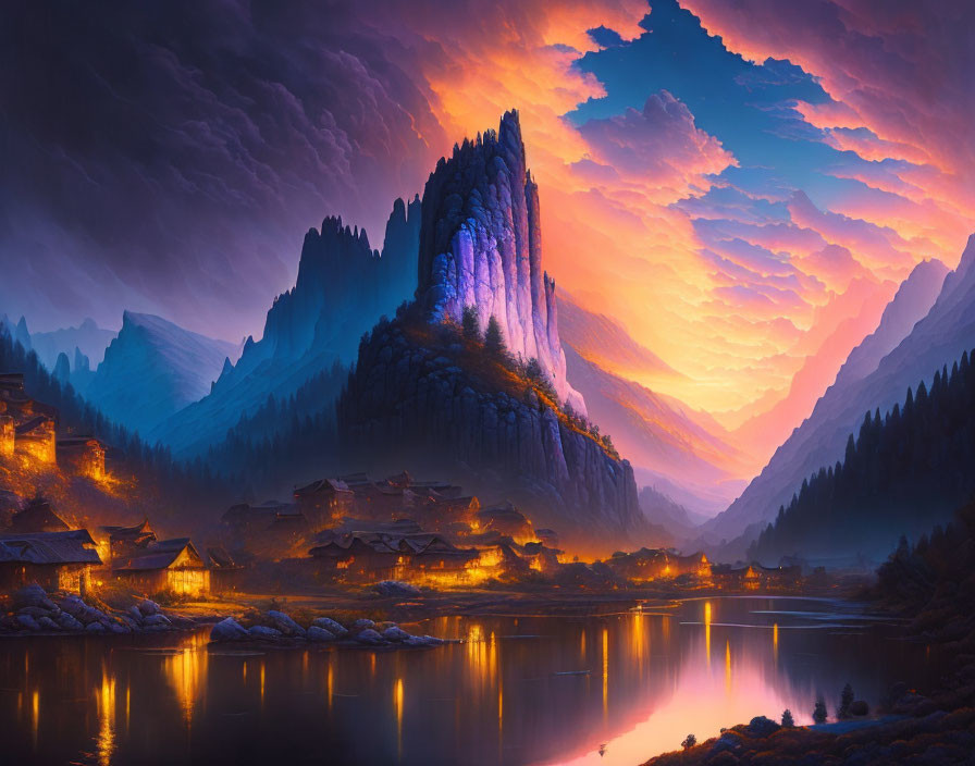 Scenic village by reflective lake at twilight with rugged mountains and dramatic sky