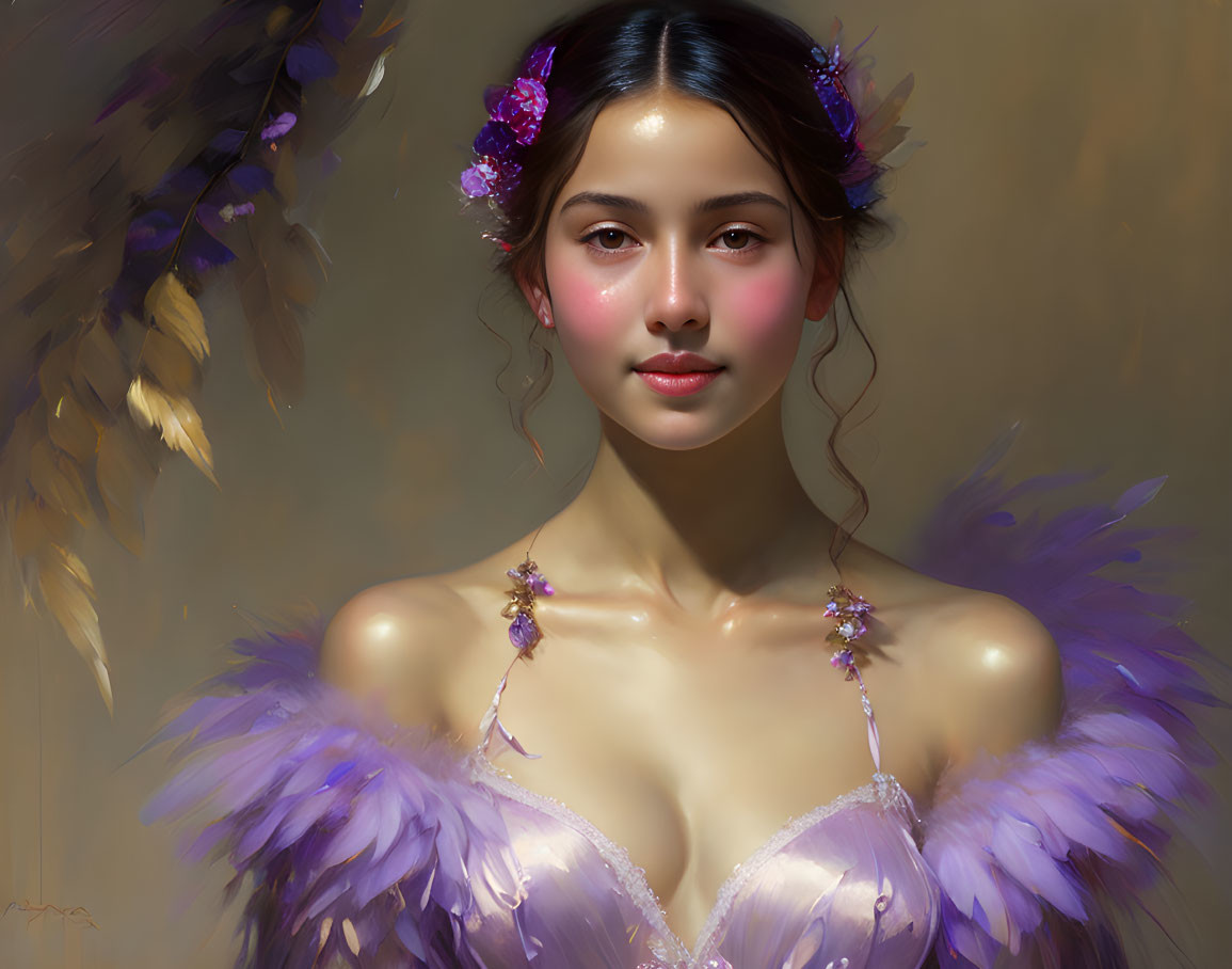 Digital portrait of woman with purple feather adornments on soft brown background