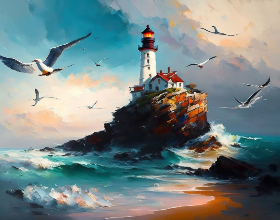 Scenic seascape with lighthouse on cliff, seagulls, colorful sky