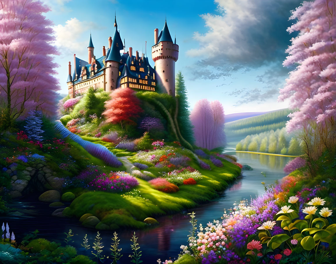 Majestic fairytale castle in vibrant landscape with serene river