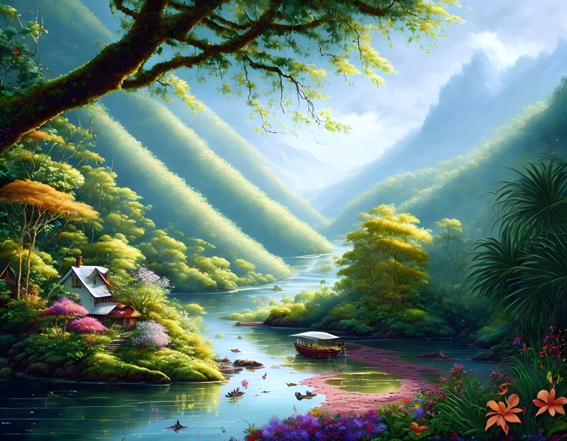 Tranquil riverside landscape with cottage, flowers, boat, and misty hills