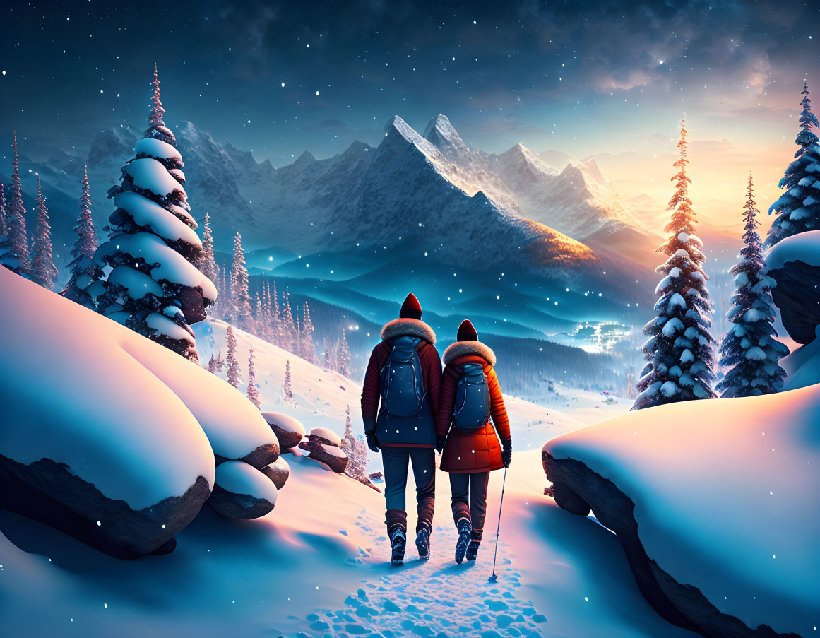 Hikers in winter gear trekking snowy mountains at twilight