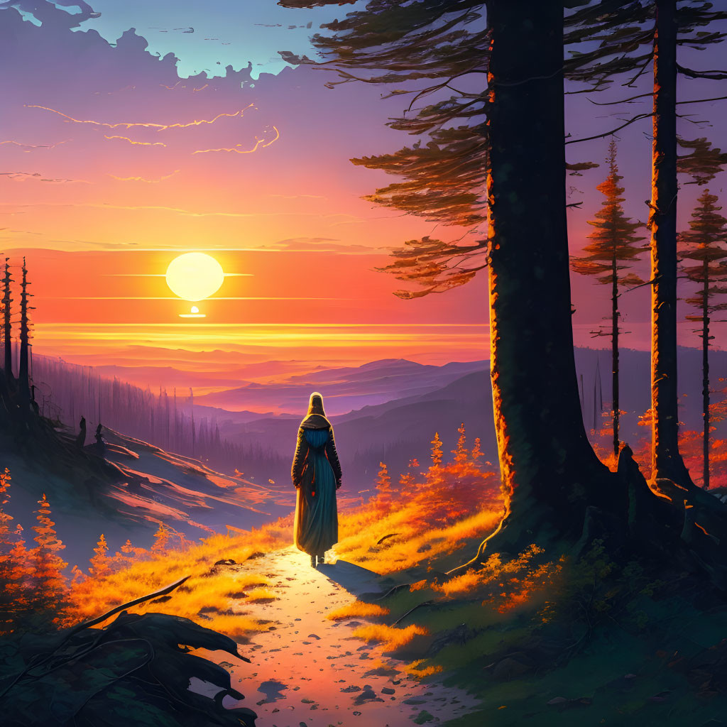 Solitary figure in vibrant forest at sunset