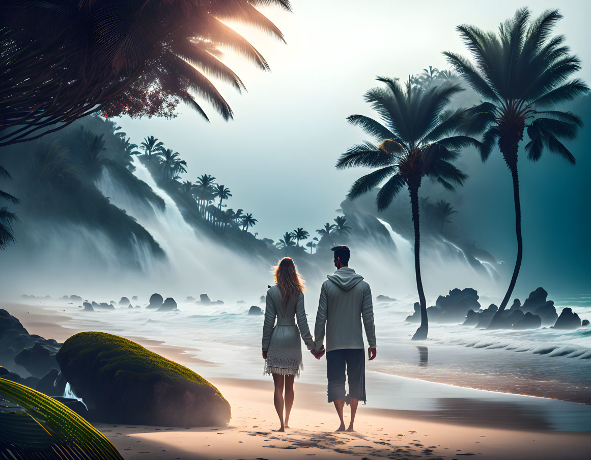 Romantic couple on misty beach with palm trees and hills