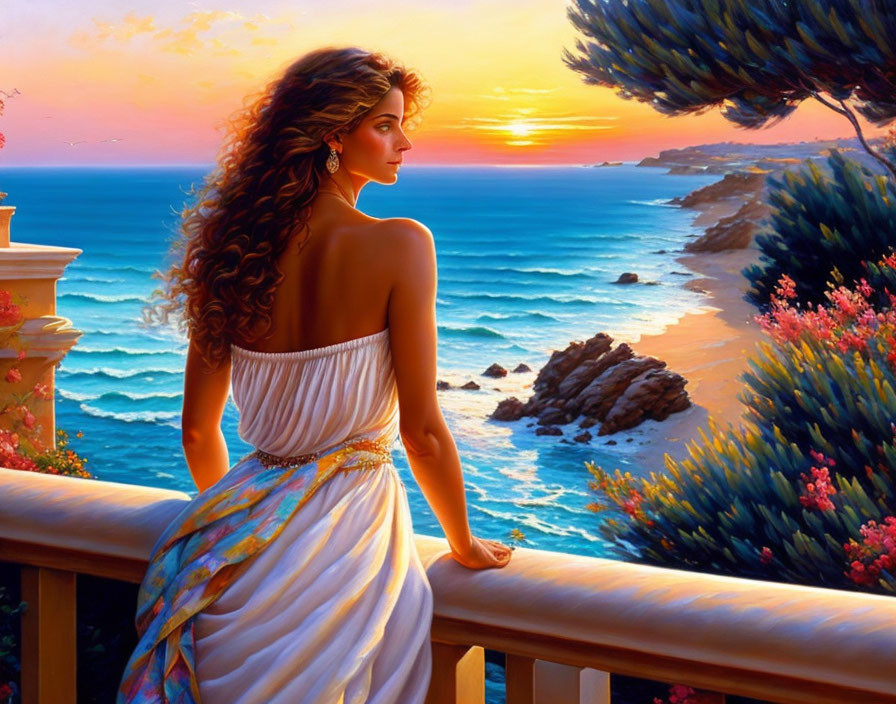 Woman in White Dress Watching Sunset over Ocean from Balcony with Vibrant Flora