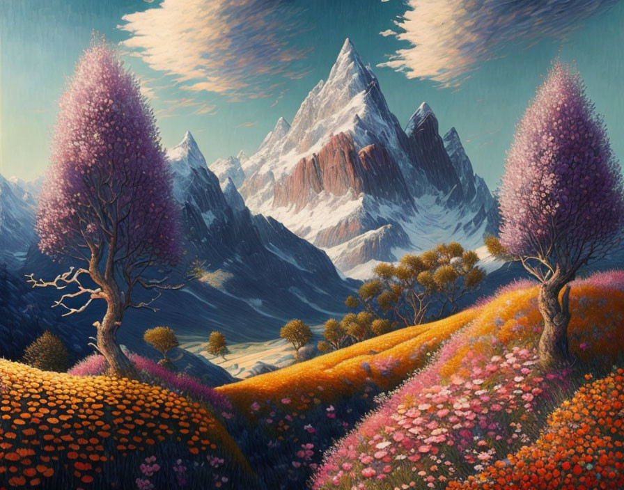 Colorful landscape painting: purple trees, flower meadow, snow-capped mountains