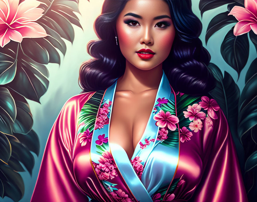 Asian Woman in Pink Kimono Surrounded by Tropical Leaves