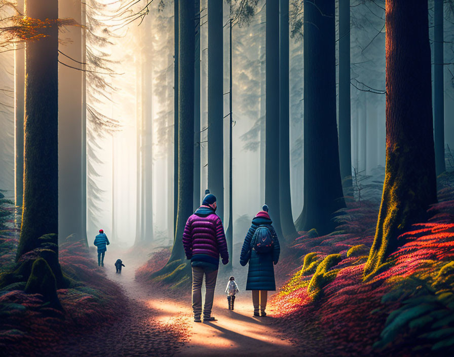 Group of People Walking in Forest with Sunlight Filtering Through Trees