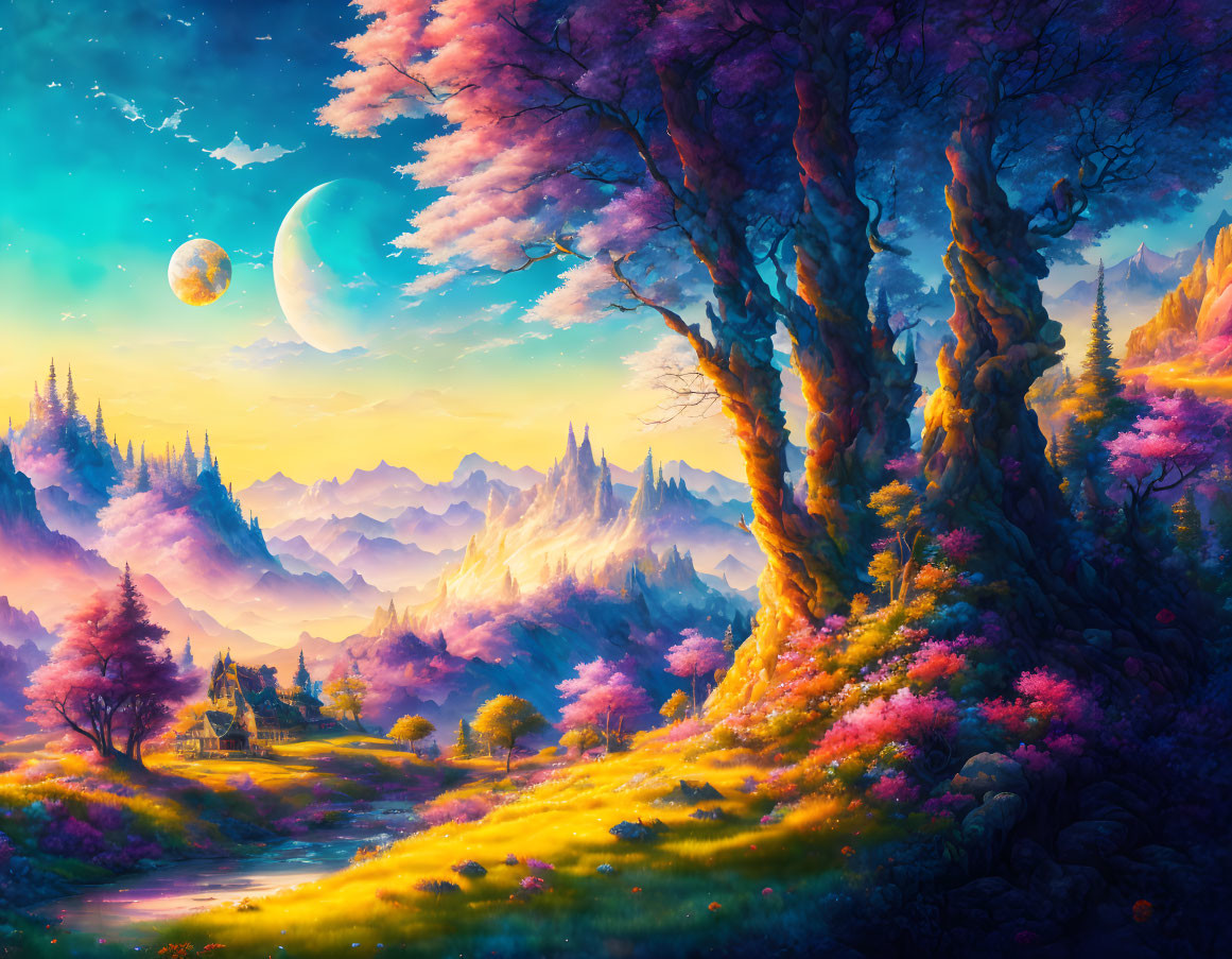 Majestic pink trees, distant mountain range, colorful sky with two moons