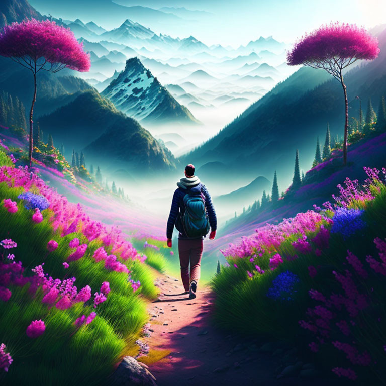 Person Walking Through Flower-Covered Hills with Misty Mountains and Pink Sky