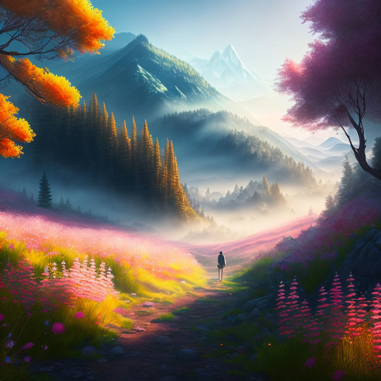 Person Walking in Vibrant Valley with Misty Mountains