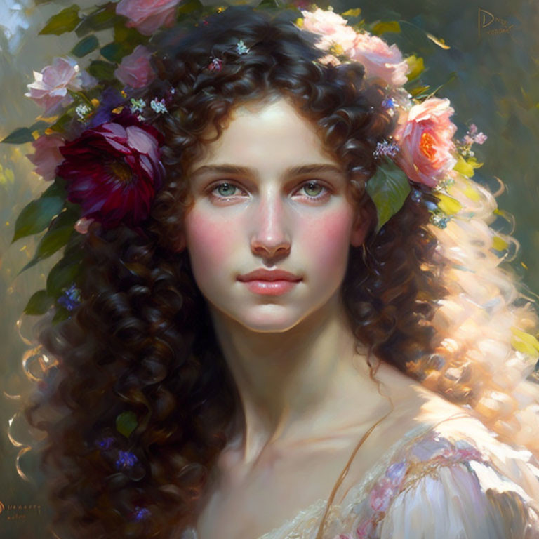 Portrait of Woman with Curly Hair and Floral Adornments