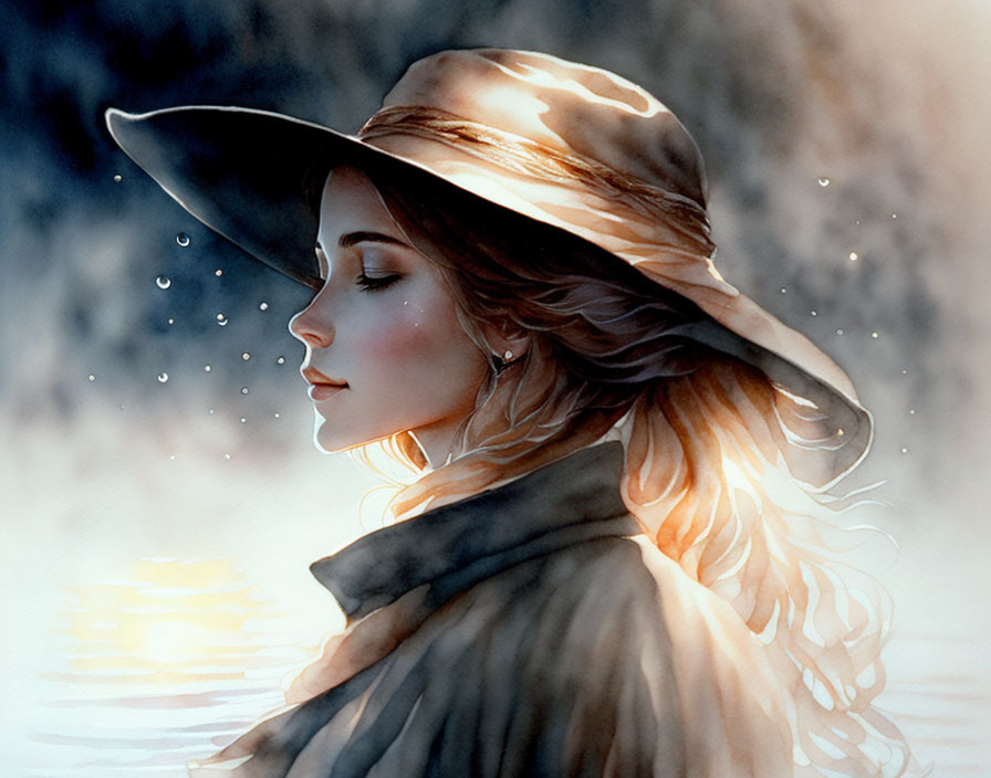 Woman in hat with water droplets in snowy setting.