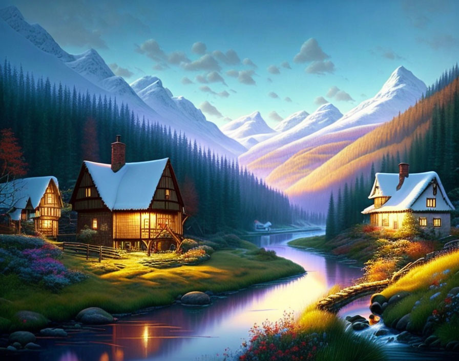 Digital art landscape featuring snow-capped mountains, serene river, cottages, and lush greenery