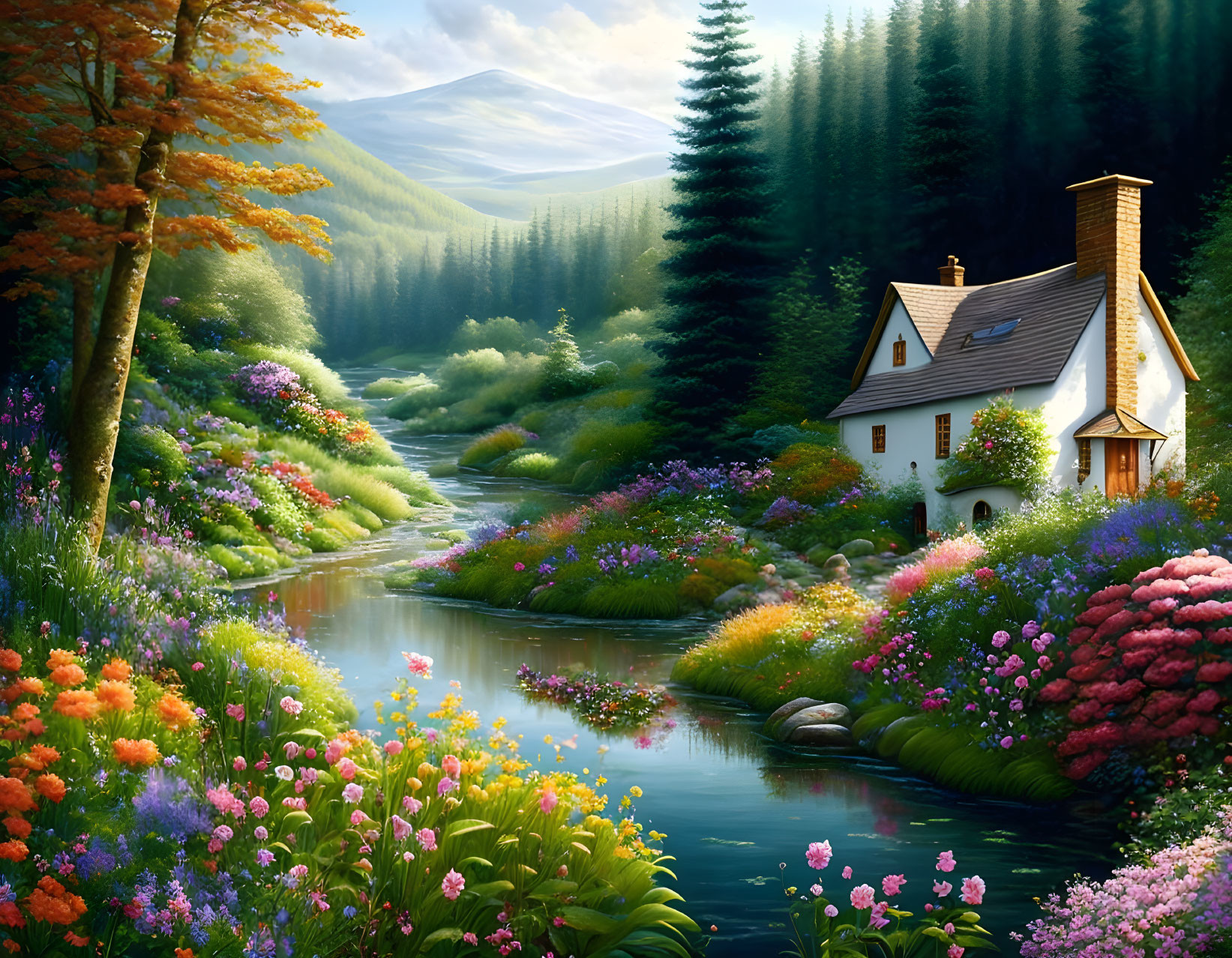 Tranquil landscape: cottage by stream, vibrant flowers, greenery, misty mountains