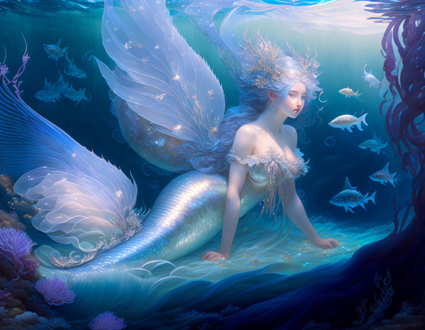 Mermaid with Luminescent Tail Among Fish and Coral Reef