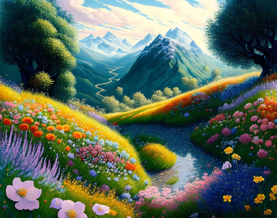 Scenic landscape with stream, flowers, trees, mountains, and sky