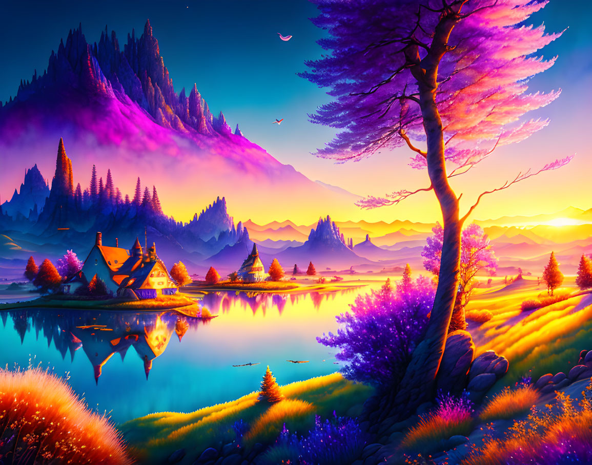 Colorful sunrise fantasy landscape with trees, lake, mountains, cottage, and birds.