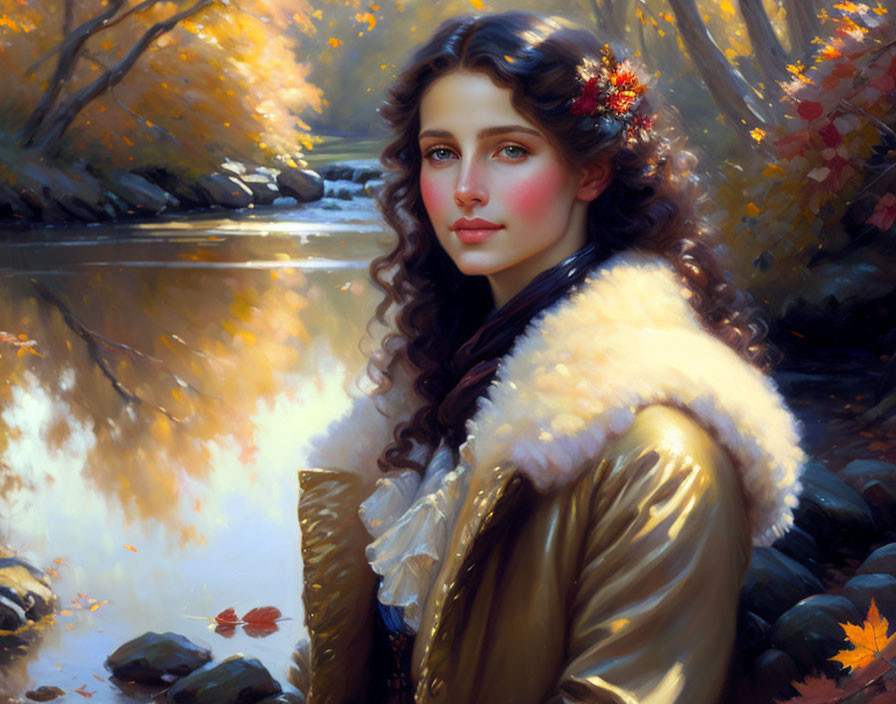 Woman with curly hair and golden fur jacket by tranquil river in autumn landscape