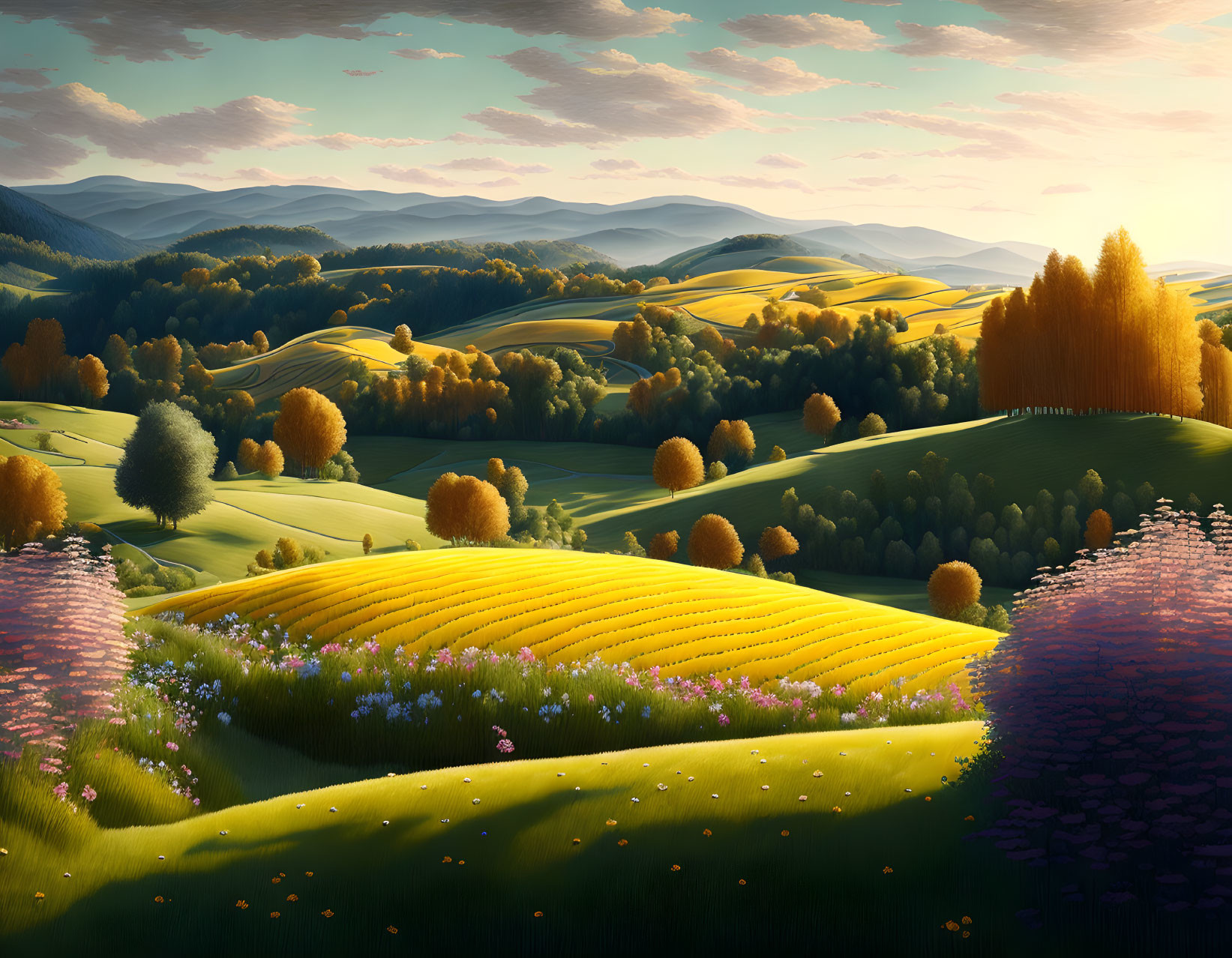 Rolling hills, green fields, autumn trees, and purple flowers in serene landscape