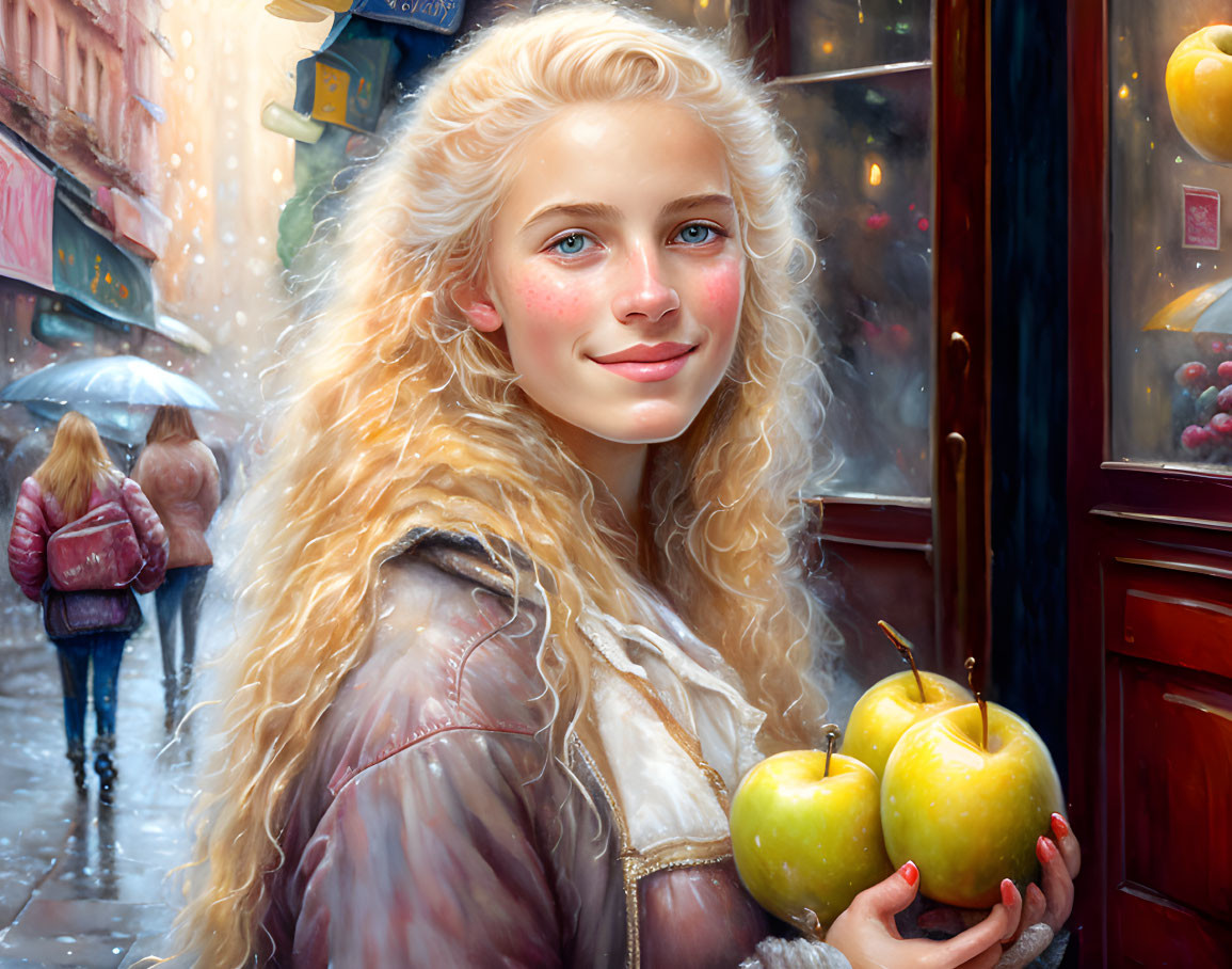 Blonde woman with green apples in cozy street scene