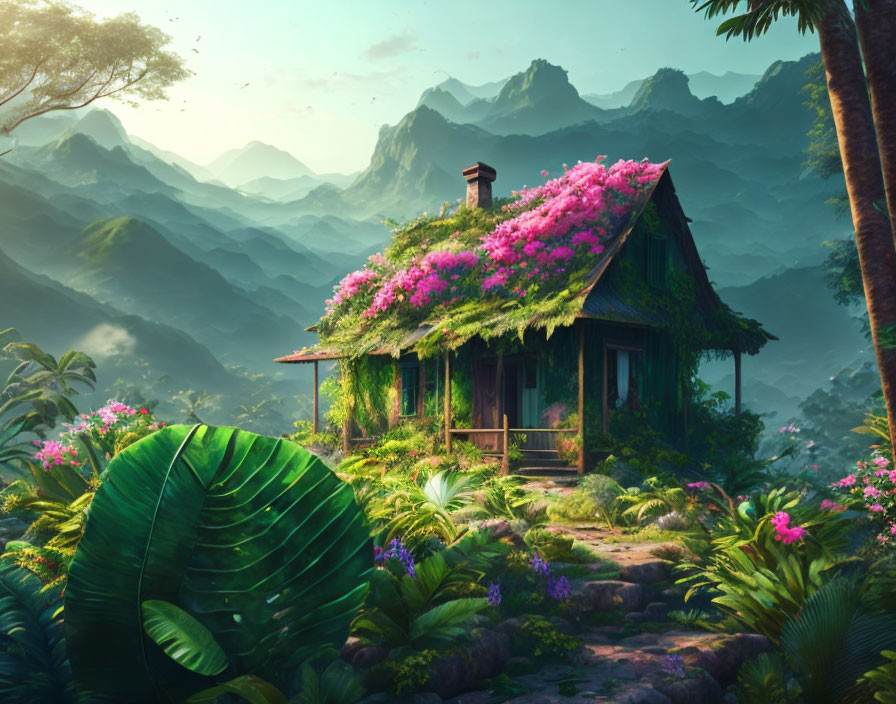 Pink Flower-Covered Cottage in Lush Valley with Mountains