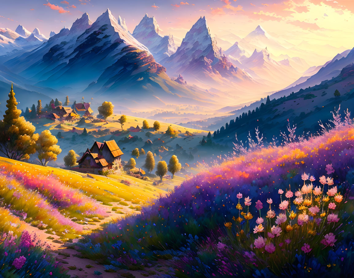 Scenic landscape with cottage, blooming fields, sunset sky, and snow-capped mountains