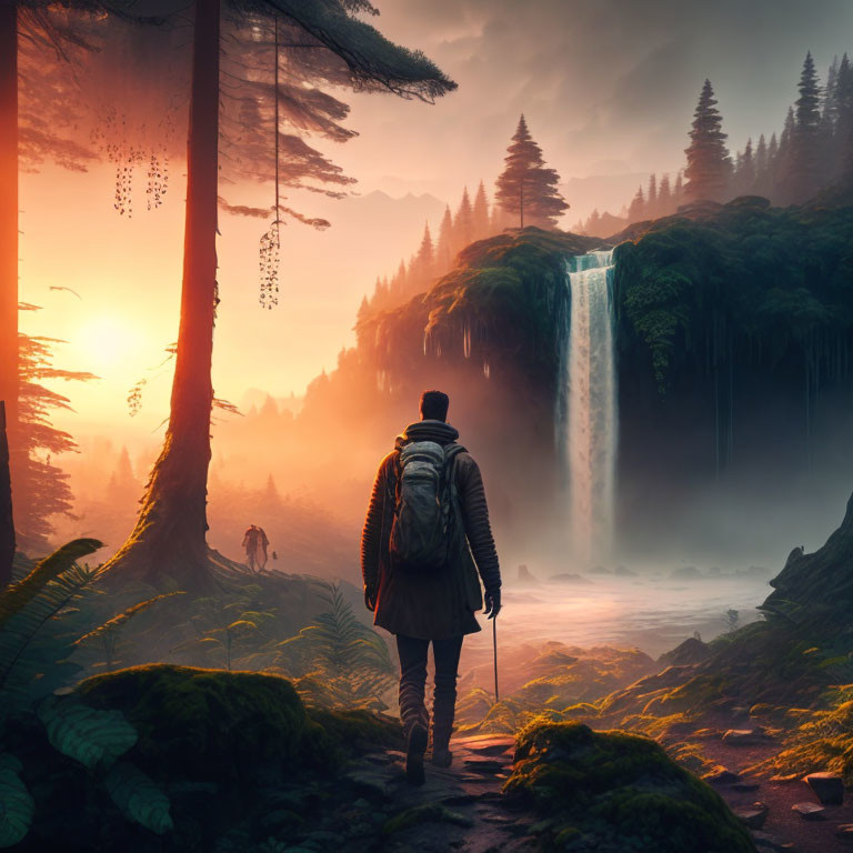 Person with backpack in lush forest at sunrise admiring majestic waterfall