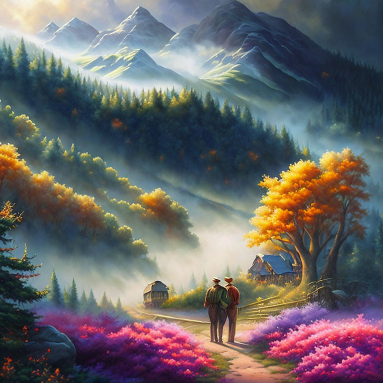 Tranquil landscape with person walking among colorful flora