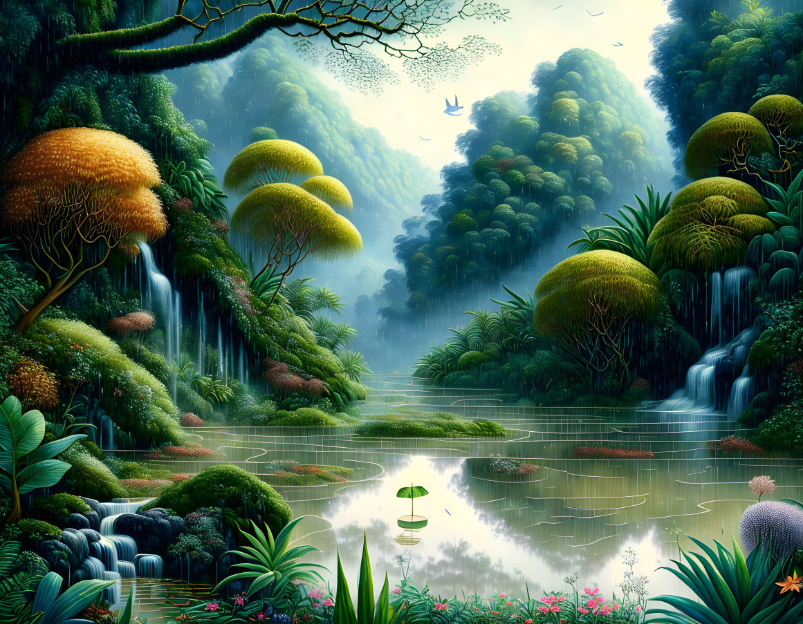 Tranquil forest with waterfalls, lake, flora, and flying bird