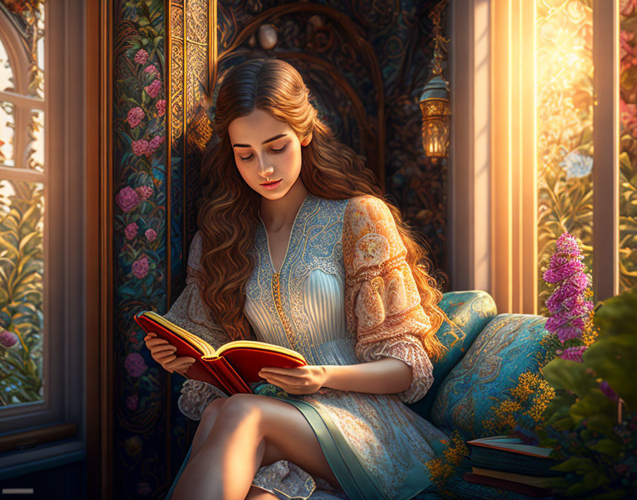 Young woman reading book by ornate window with rich detailing