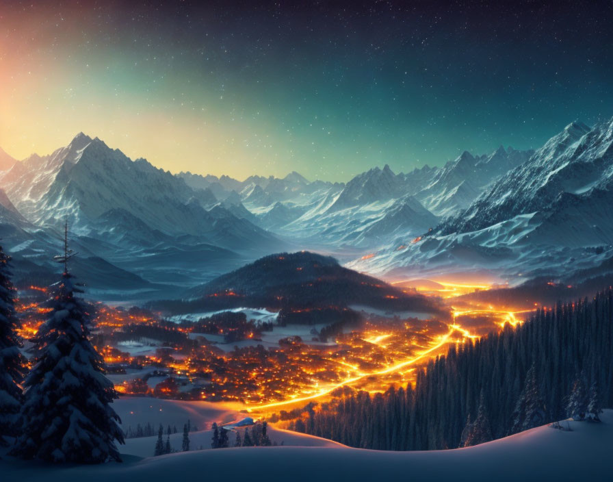 Snow-covered winter night scene with lit village nestled among icy mountains