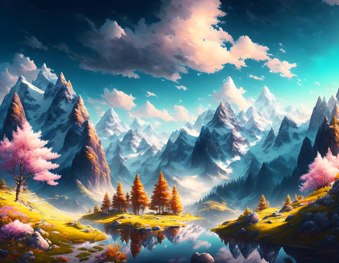 Snow-capped mountains, colorful trees, serene river in digital landscape