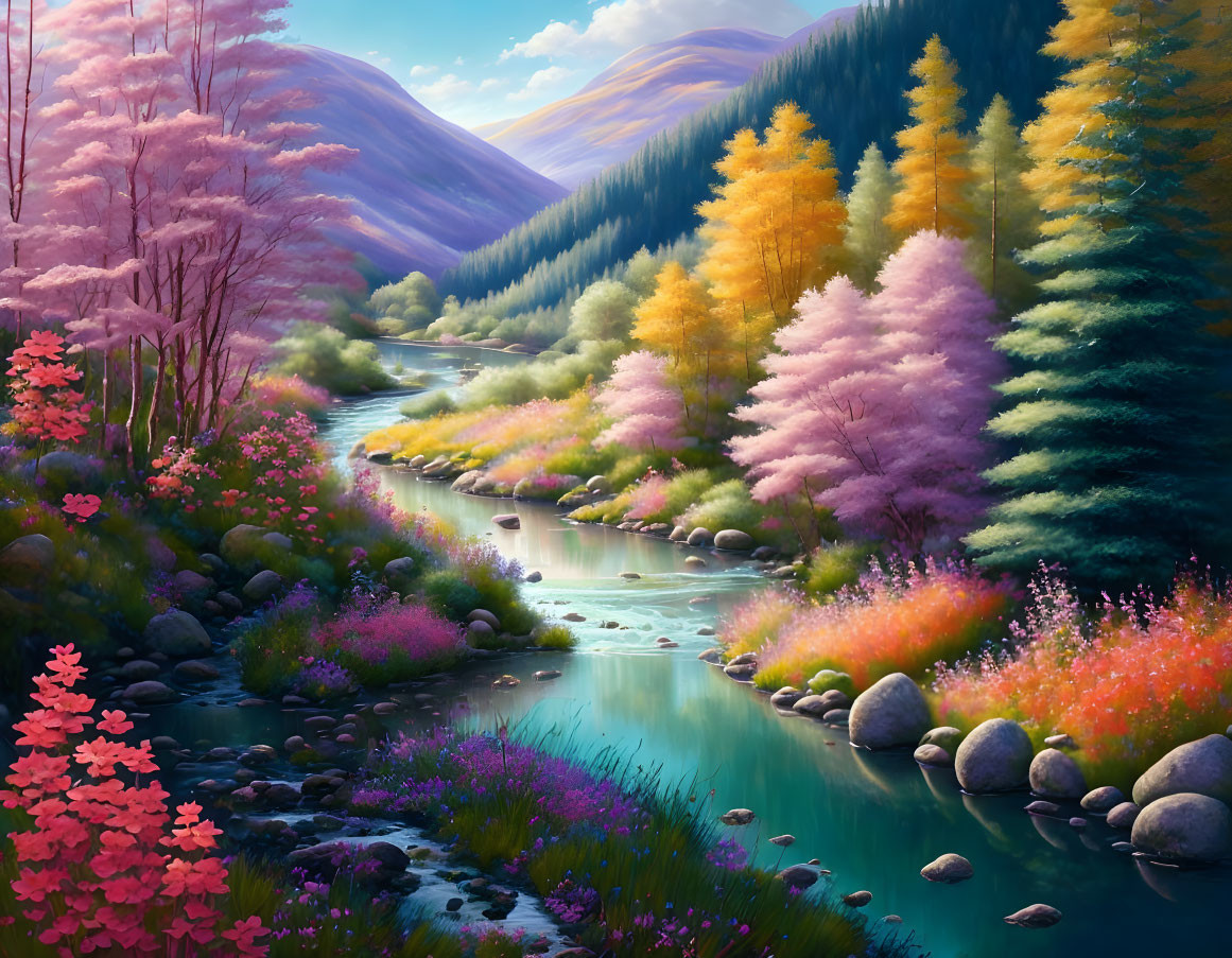 Tranquil river with colorful trees, flowers, and rolling hills under clear sky