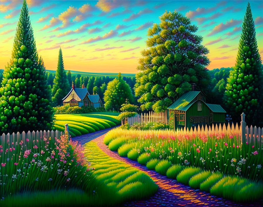 Colorful landscape painting: cobblestone path, quaint houses, lush trees, flowers, picket