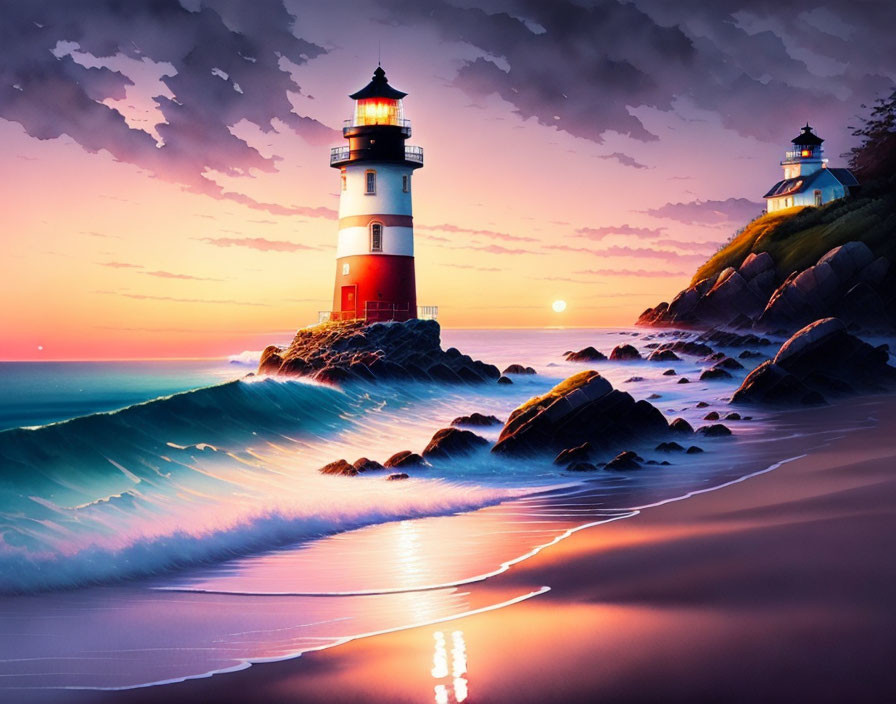 Scenic lighthouse on rocky shore at sunrise or sunset