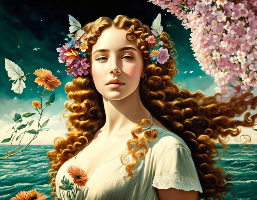 Portrait of Woman with Curly Auburn Hair and Flowers in Seascape