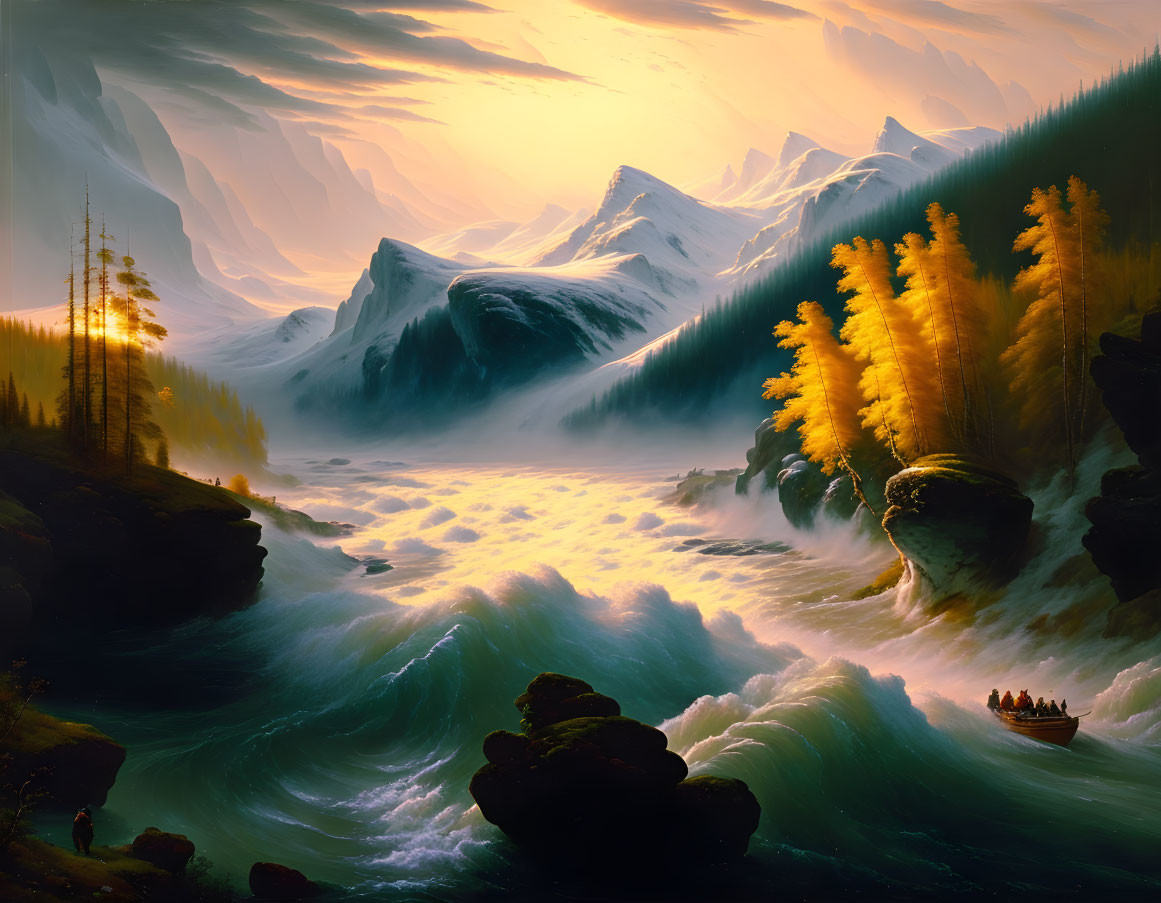 Scenic landscape with turbulent river, snow-capped mountains, golden light, and silhouetted