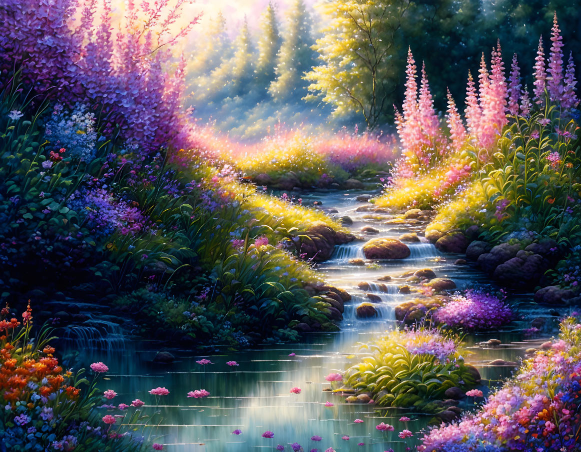 Tranquil stream meandering through colorful flower garden