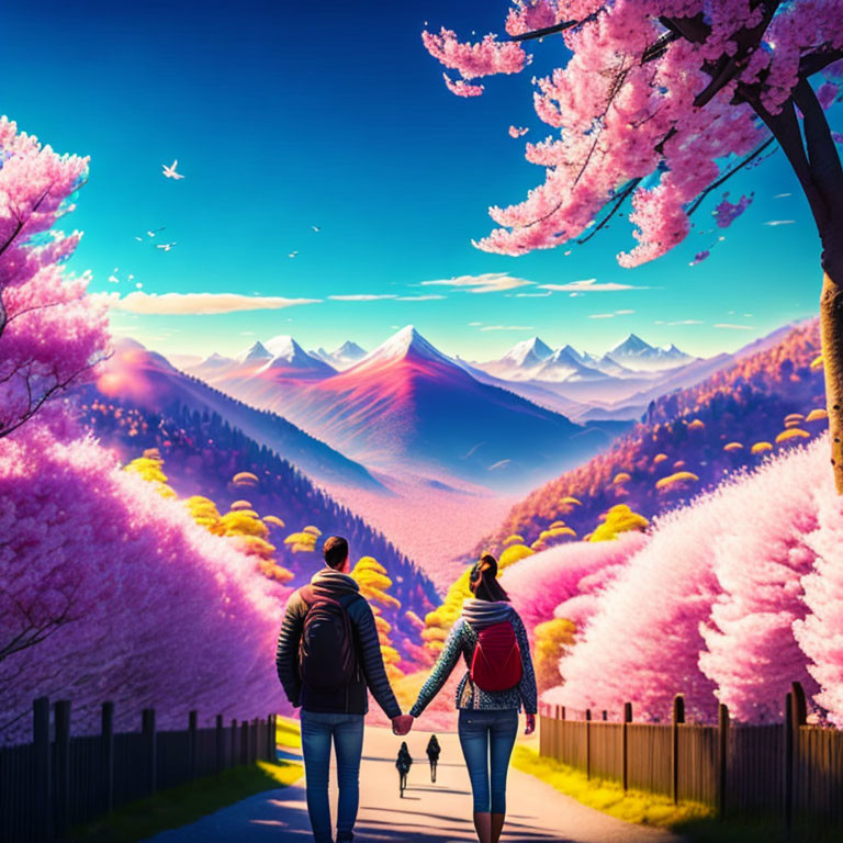 Couple walking down path with pink flowering trees and mountain landscape