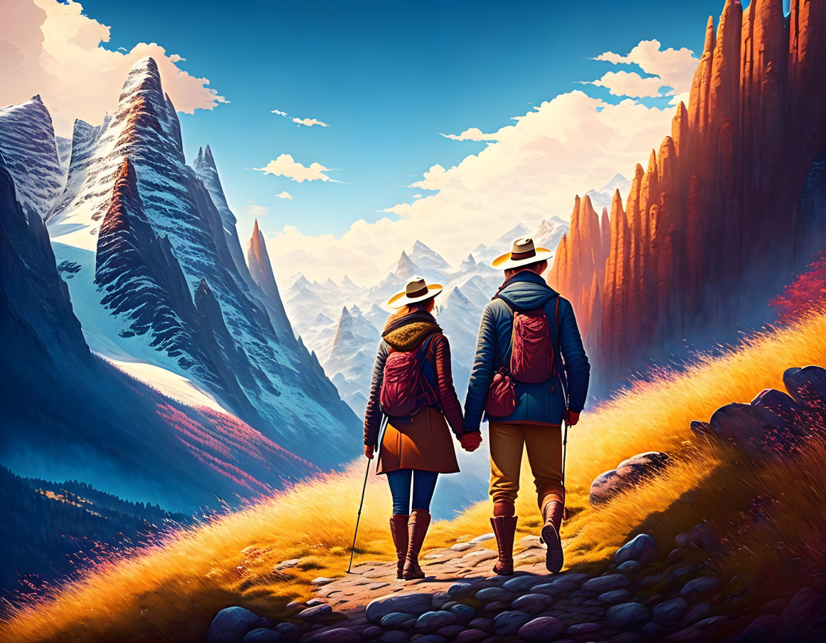 Adventurers walking through vibrant orange valley with towering mountains