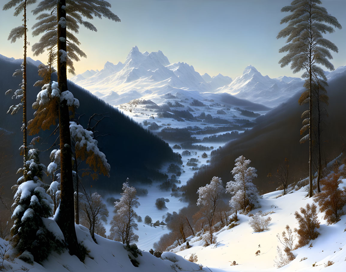 Snow-covered trees, river valley, and mountains in serene winter landscape